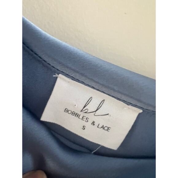 Bobbles & Lace Off the Shoulder Satin Cocktail Dress Shirt Sky Blue Size Small - Picture 5 of 8